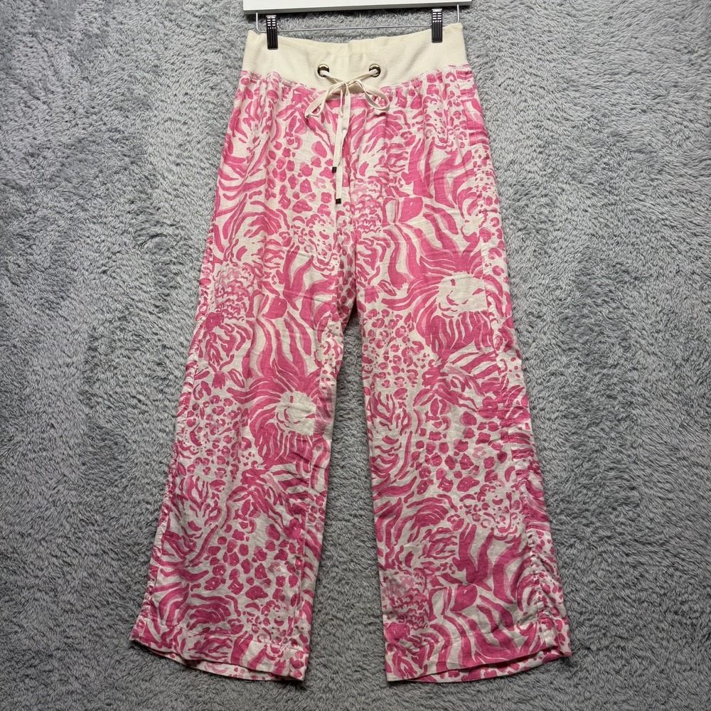 Lily Pulitzer Wide Leg Linen The Beach Pant Pink Sun Ray Lion Shimmy Size Small‎